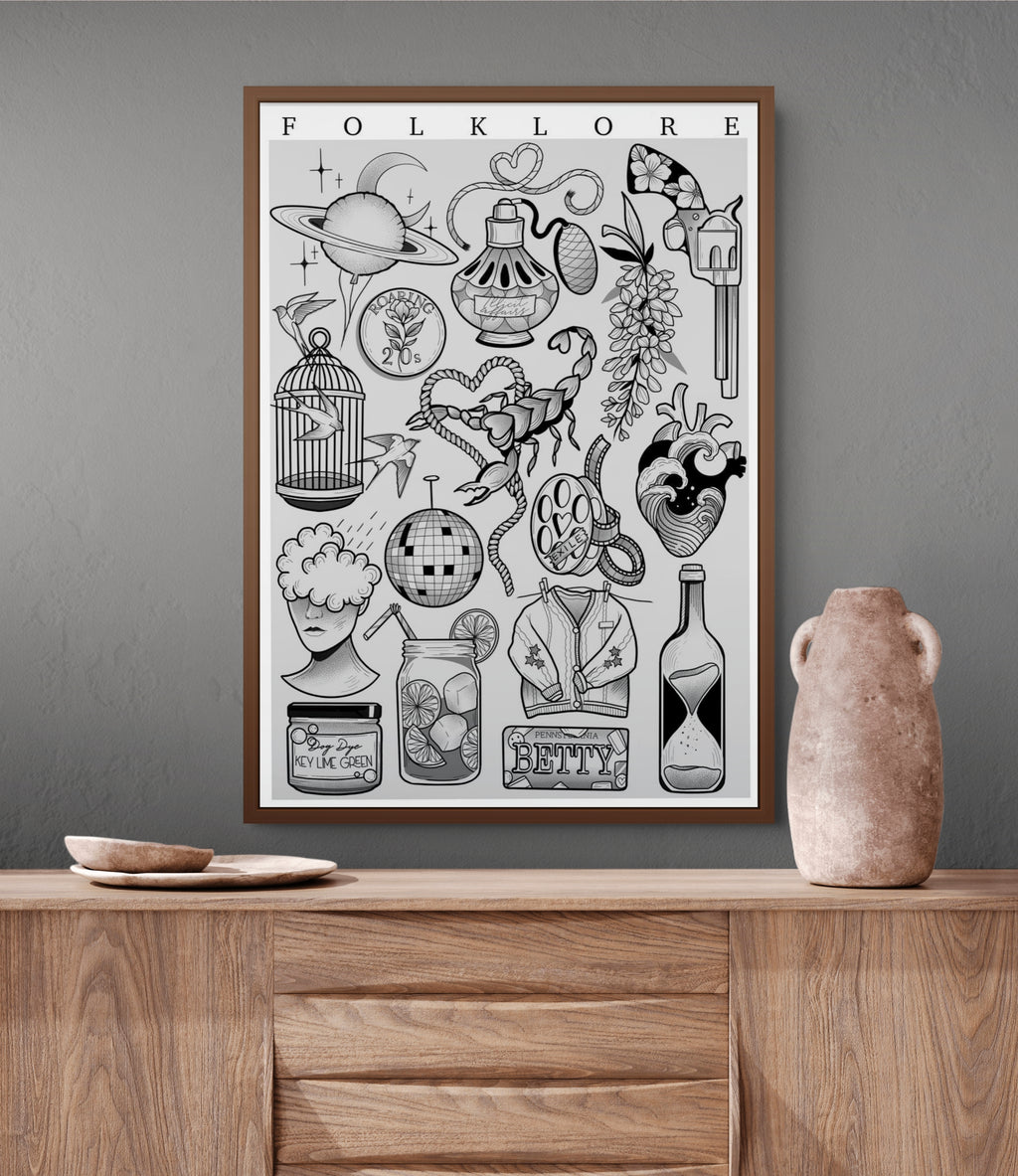 Taylor Swift Folklore Tattoo Style Flash Sheet