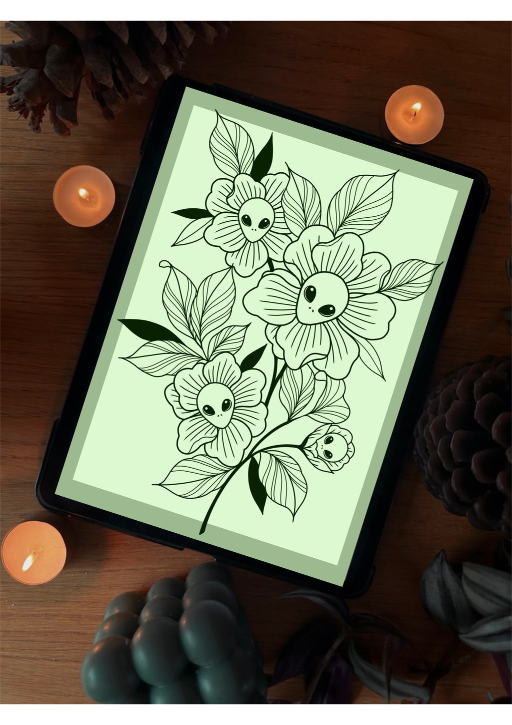 Floral Alien Tattoo Style Illustration Artwork