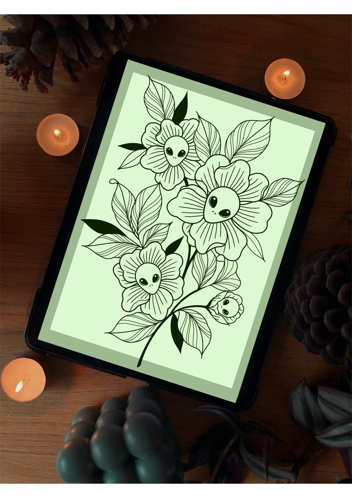 Floral Alien Tattoo Style Illustration Artwork
