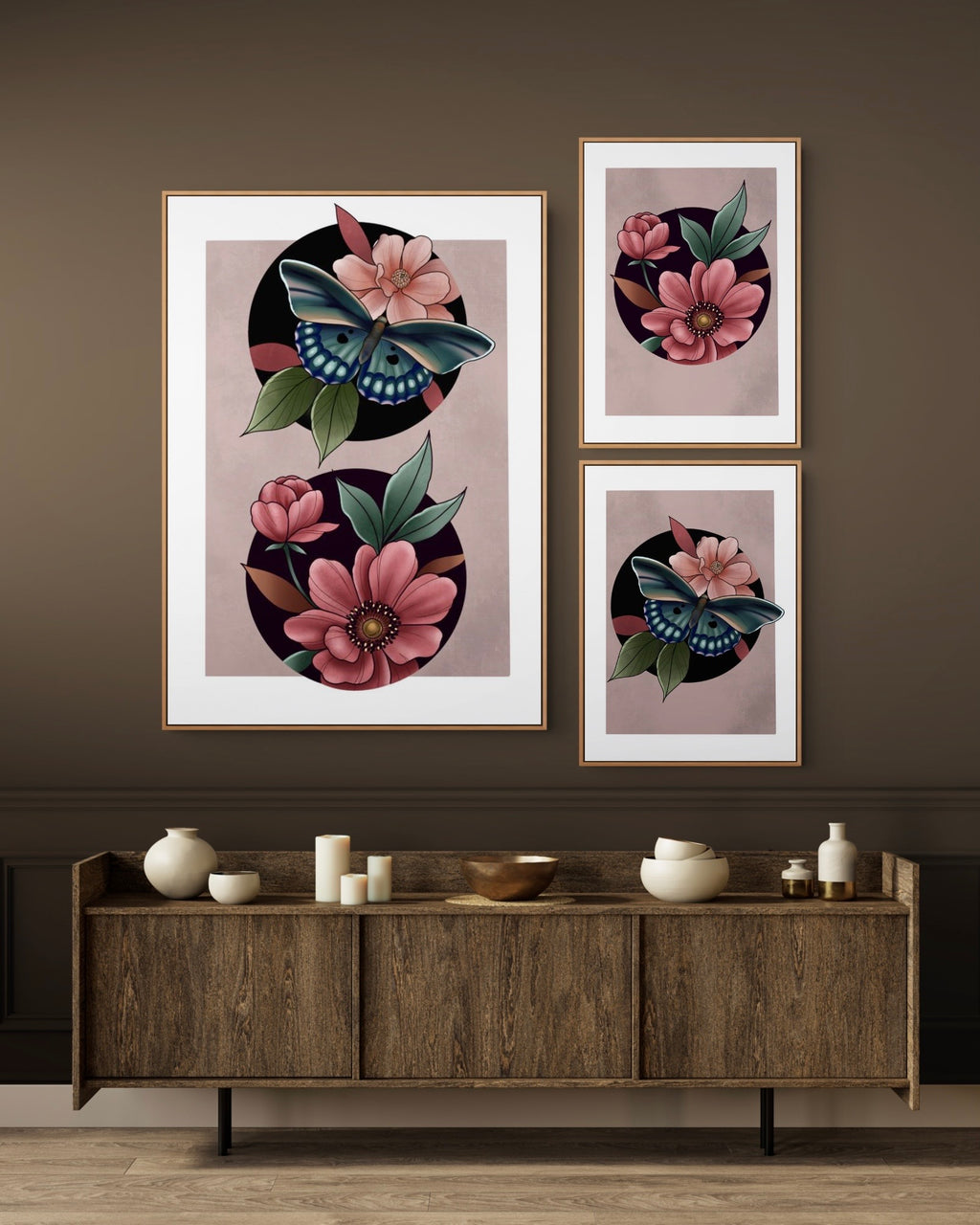 Tattoo Style Cute Butterfly and Flower Print