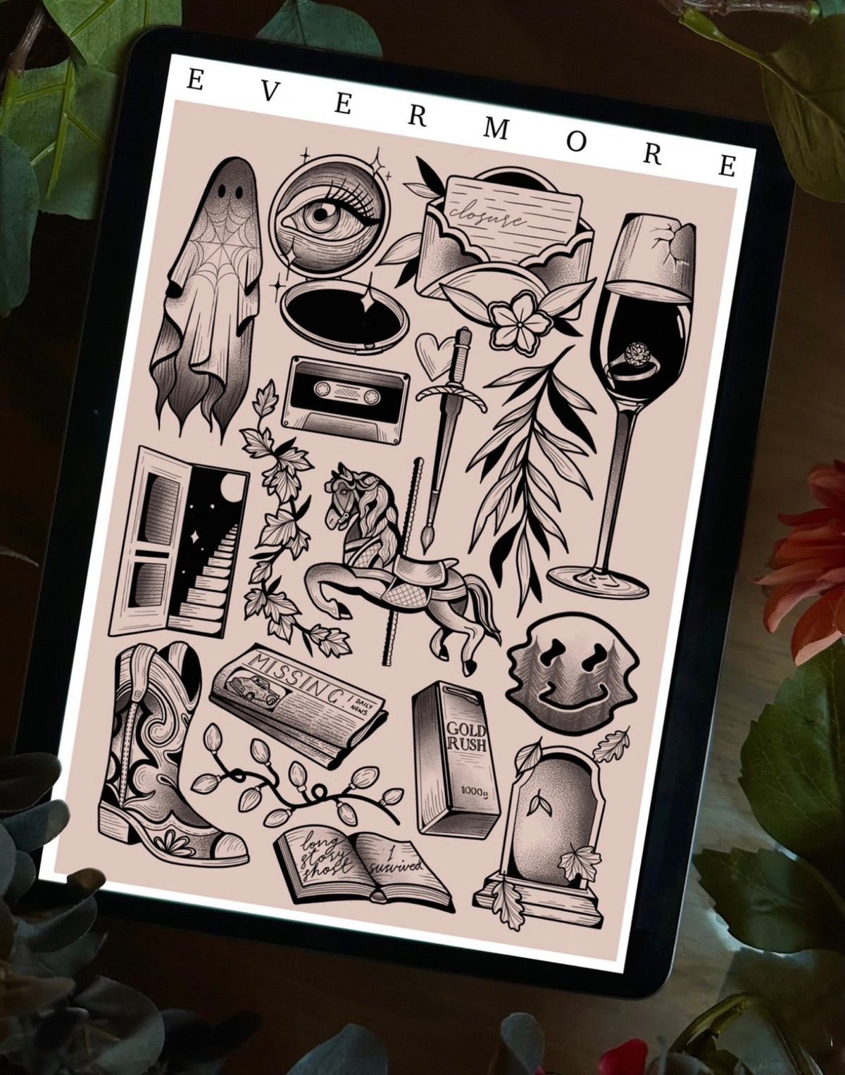 Taylor Swift Evermore Tattoo Style Flash Sheet