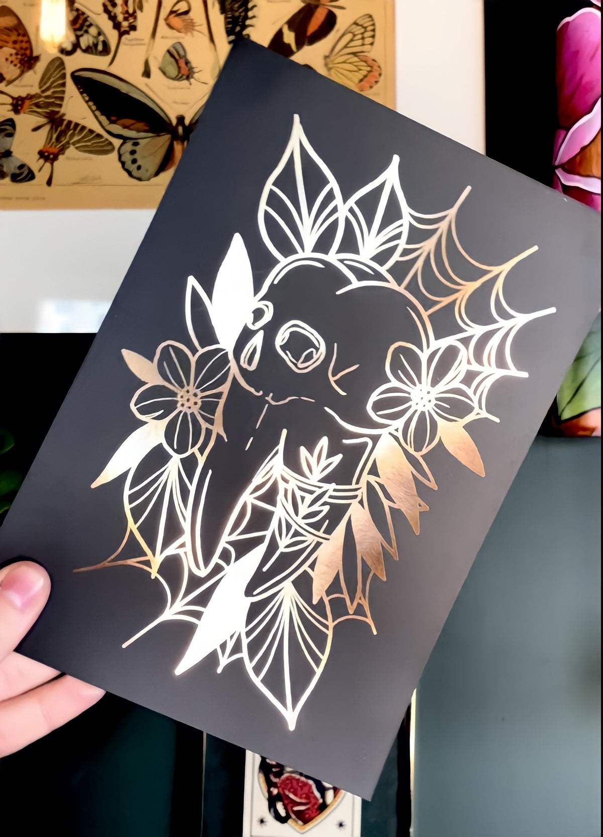 Skull Tooth Tattoo Style Shiny Print Gold Foil Teeth Illustration