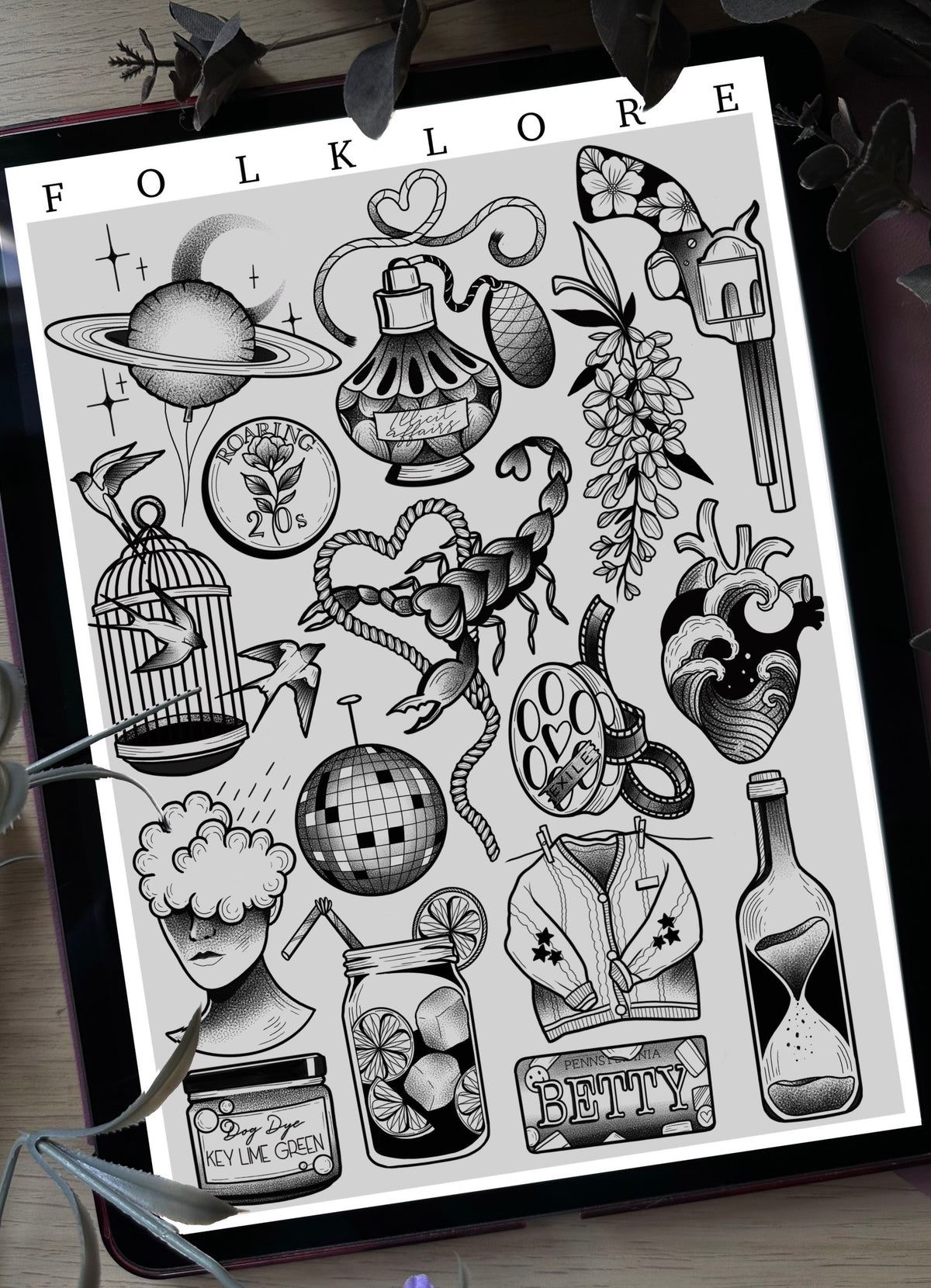Taylor Swift Folklore Tattoo Style Flash Sheet
